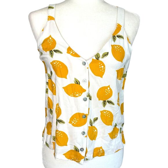 Jun & Ivy Womens Yellow White Tank Top Lemon V-Neck Button Up Sleeveless Medium - Picture 1 of 7